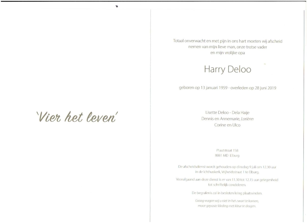 Rouwkaart Harry Deloo